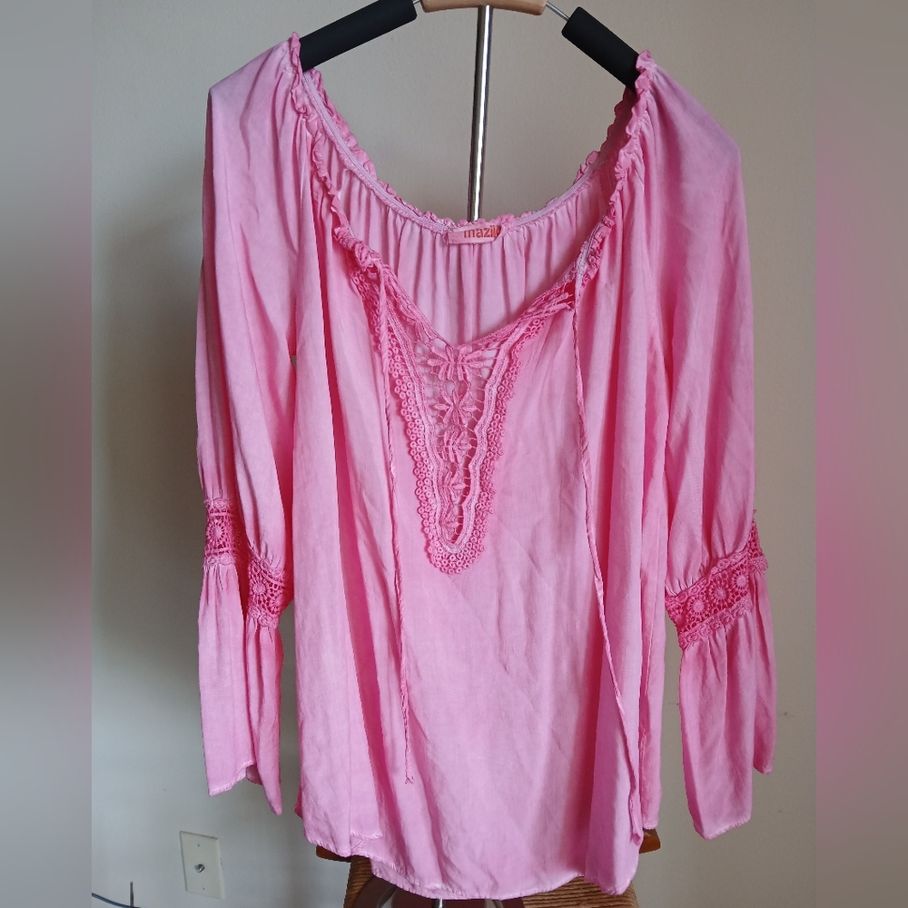 Mazik Pink Tie Neck Top Oversized Rayon